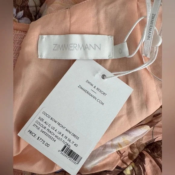 Zimmermann Coco Floral Print Bow Detail Mini Dress Peach Multi Various Size - Picture 15 of 16